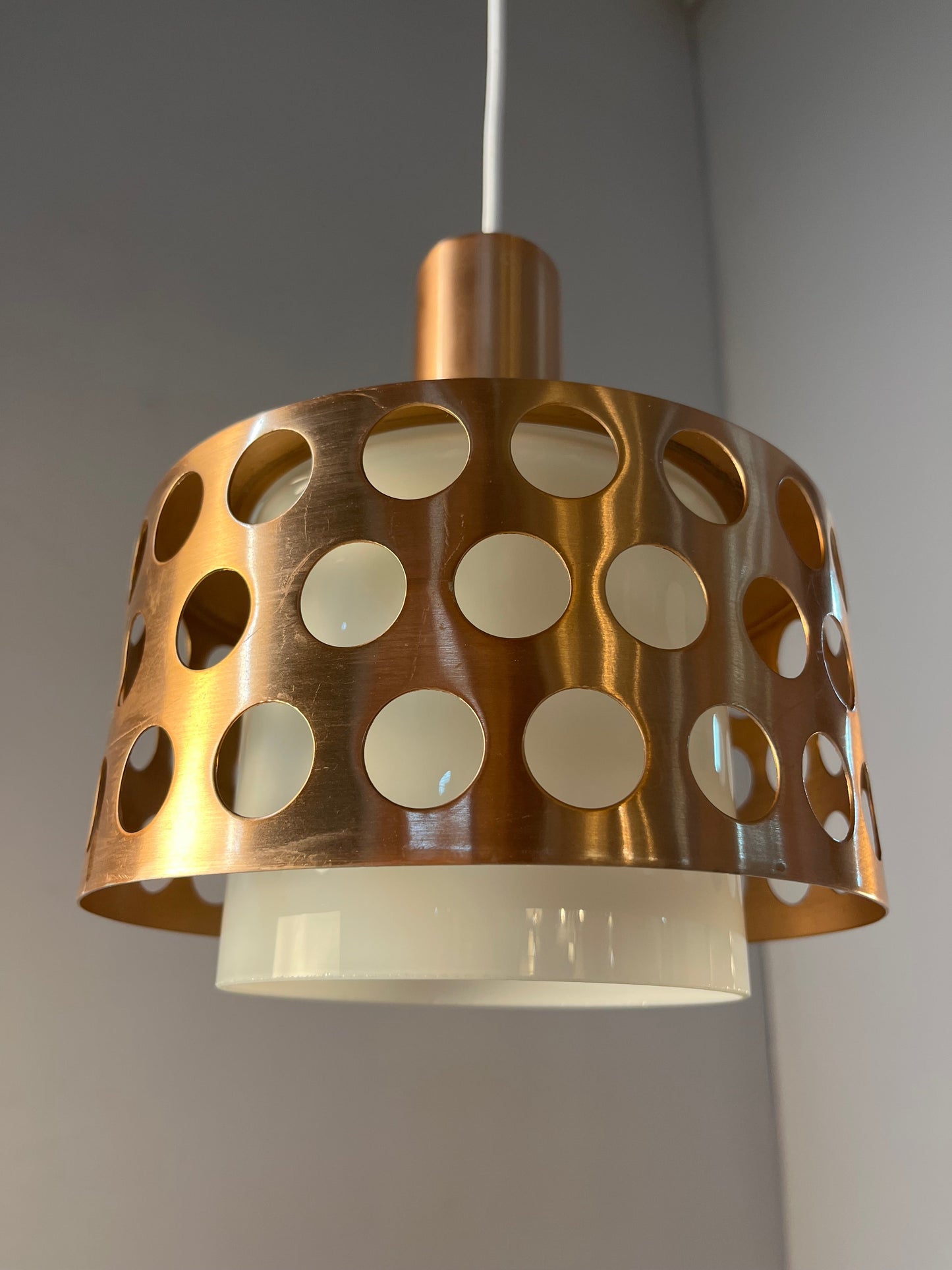 Vintage Hängelampe Kupfer von Schweden für E14 Fassungsgröße, Glas, Weiß