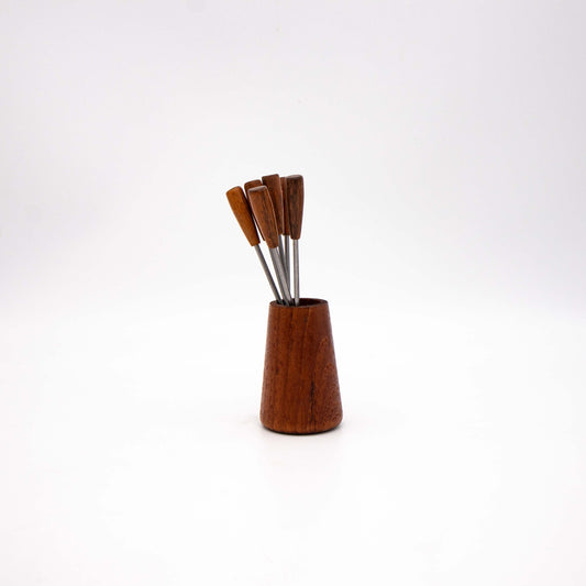 Set von 6 Vintage Cocktailspieß mit Teakholzhalterung