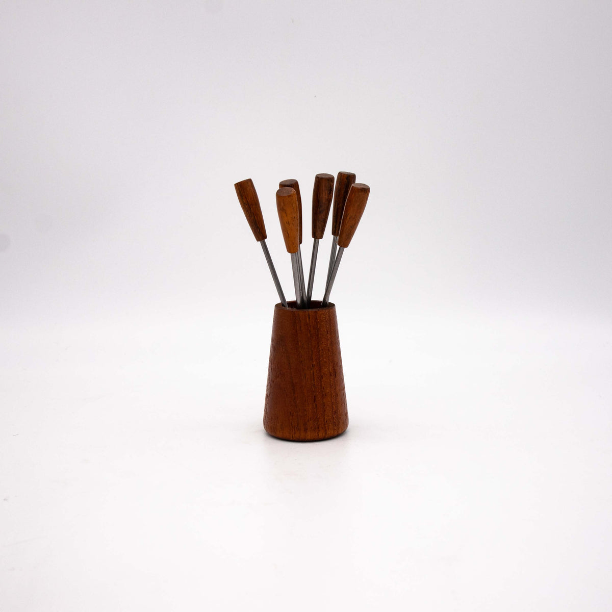 Set von 6 Vintage Cocktailspieß mit Teakholzhalterung