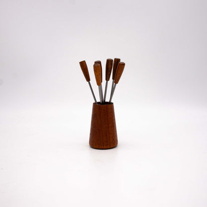 Set von 6 Vintage Cocktailspieß mit Teakholzhalterung