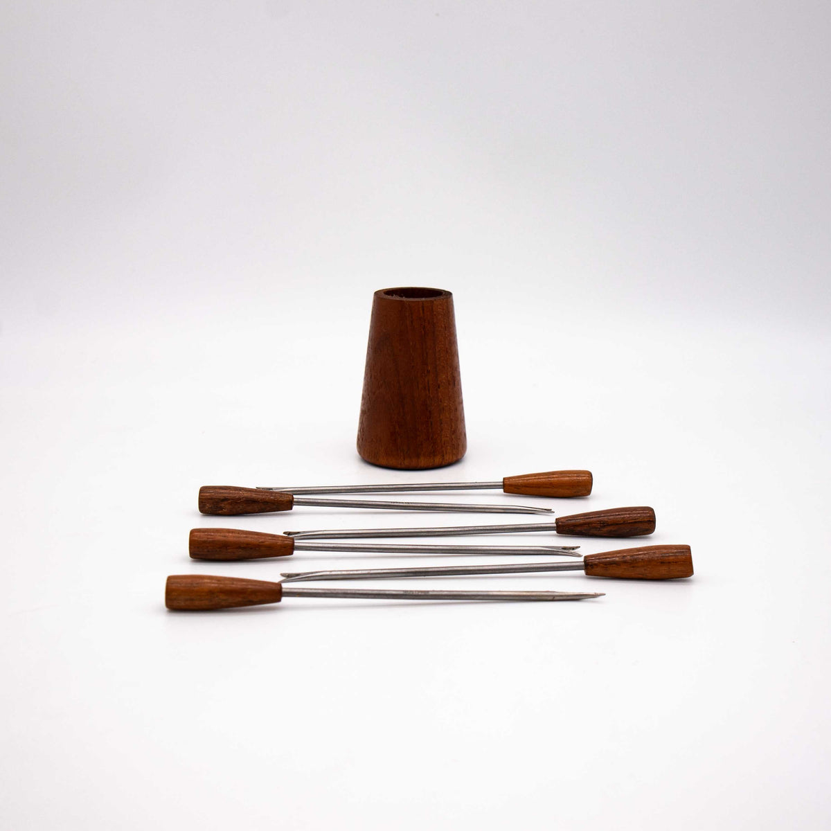 Set von 6 Vintage Cocktailspieß mit Teakholzhalterung