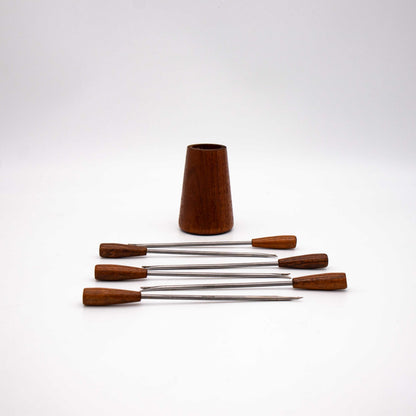 Set von 6 Vintage Cocktailspieß mit Teakholzhalterung