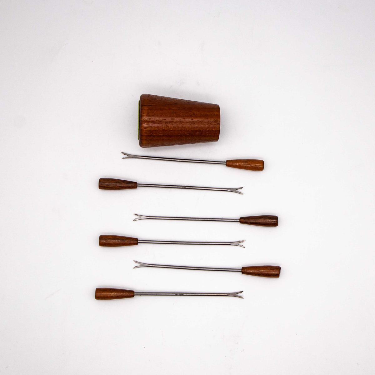 Set von 6 Vintage Cocktailspieß mit Teakholzhalterung