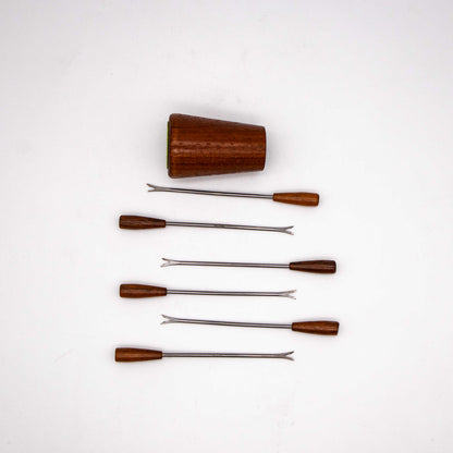 Set von 6 Vintage Cocktailspieß mit Teakholzhalterung