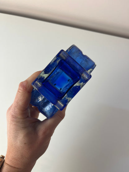 Vintage Vase von Ingrid Glas blau mit Gravur