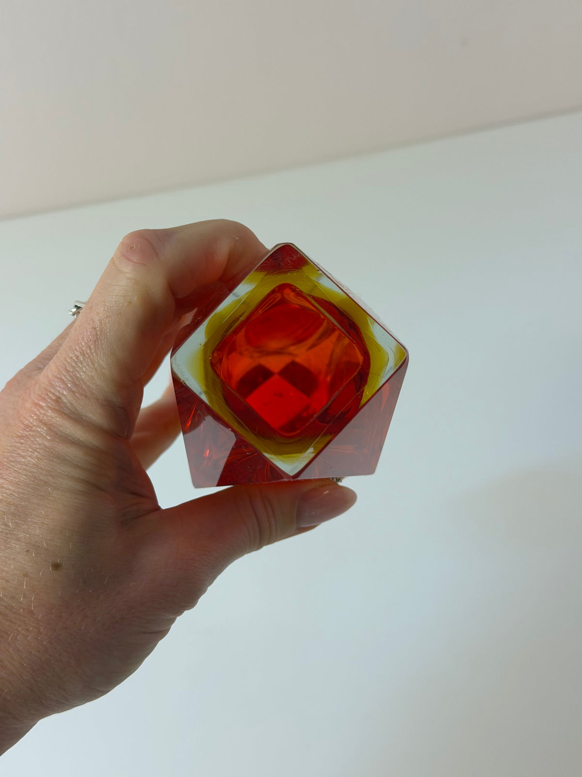 Vintage Blockvase von Vetreria Artistica Oball, Sommerso Murano-Glas rot-gelb