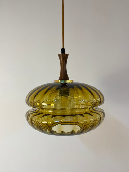 Vintage Hängelampe von Orrefors aus Glas und Teak