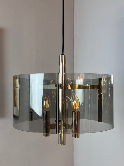 Vintage Hängelampe Chrom und Rauchacryl