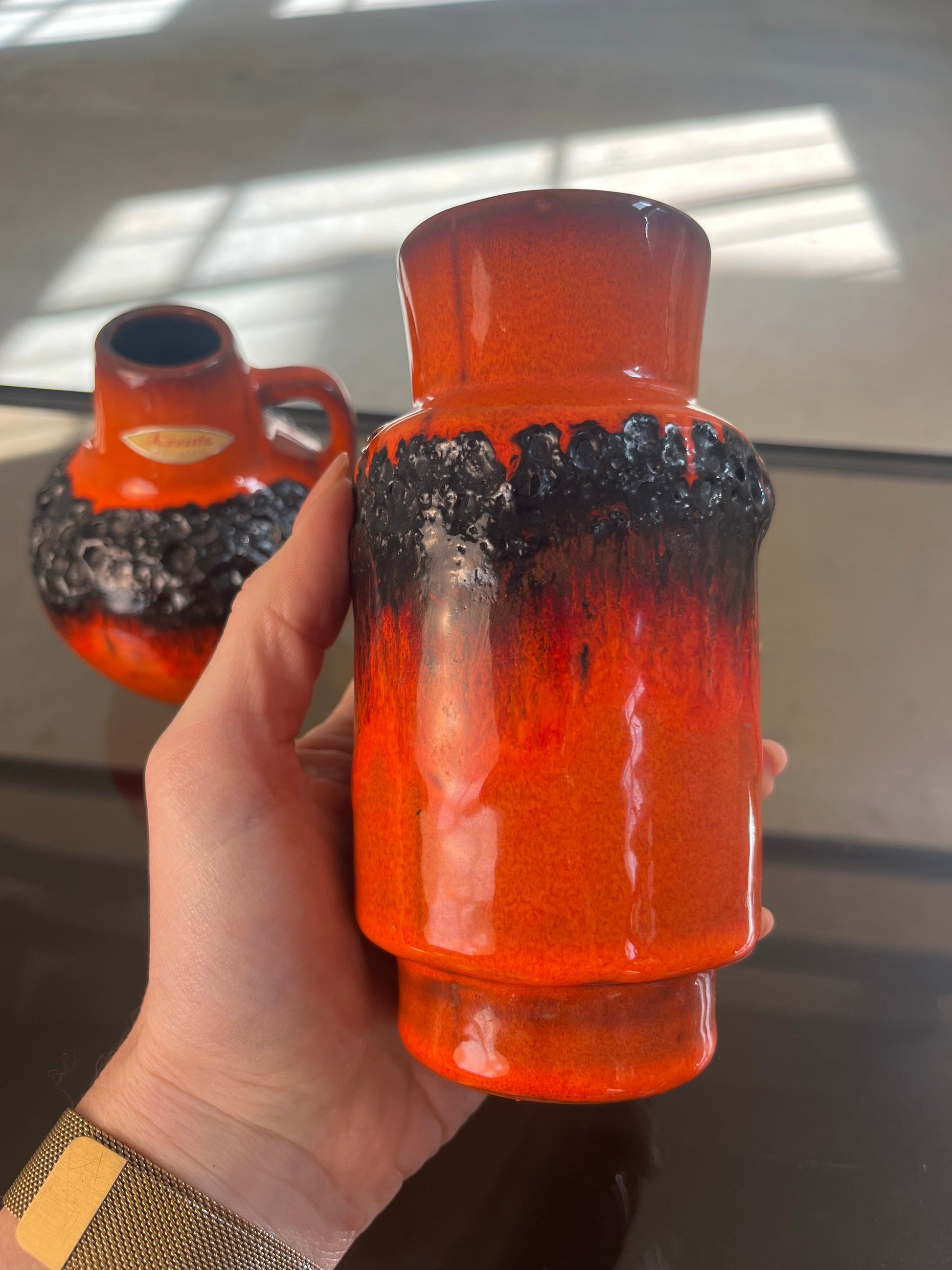 Vintage Vase Set von 2 Fat Lava von Kreutz Keramik orange schwarz