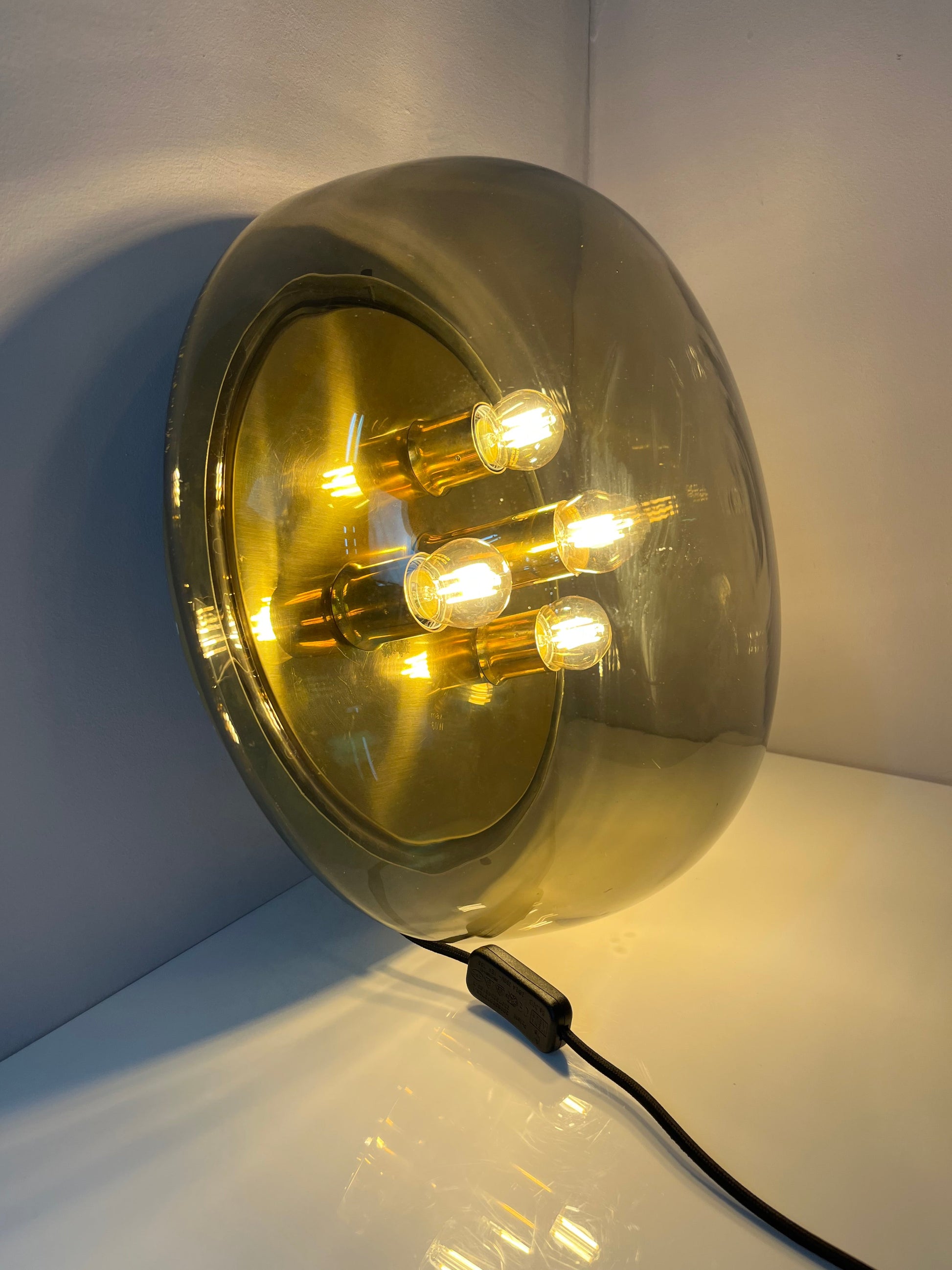 Vintage Wand- und Deckenlampe von Kaiser Leuchten Messing Rauchglas