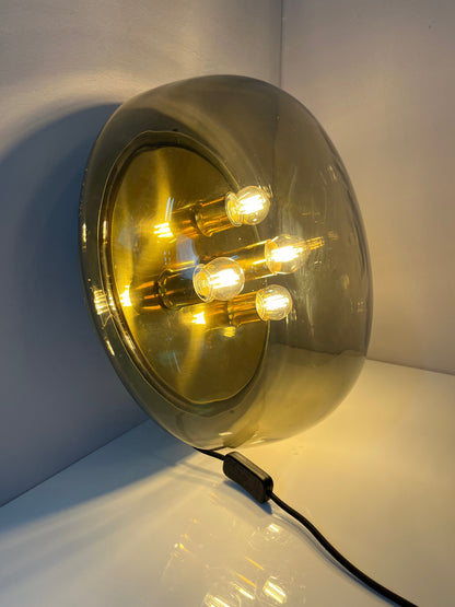 Vintage Wand- und Deckenlampe von Kaiser Leuchten Messing Rauchglas