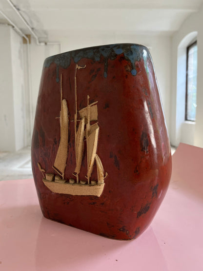 Vintage vase ship brown ceramic Denmark