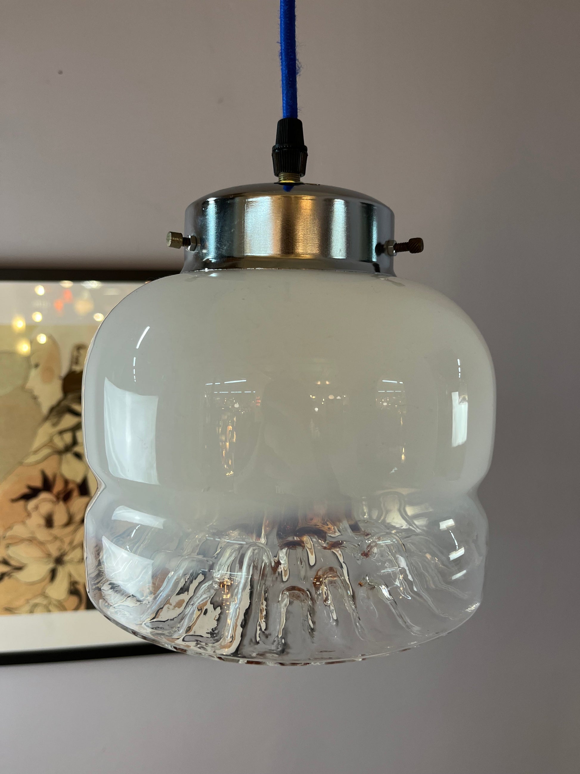 Vintage Hängelampe Muranoglas von Mazzega weiß gelb