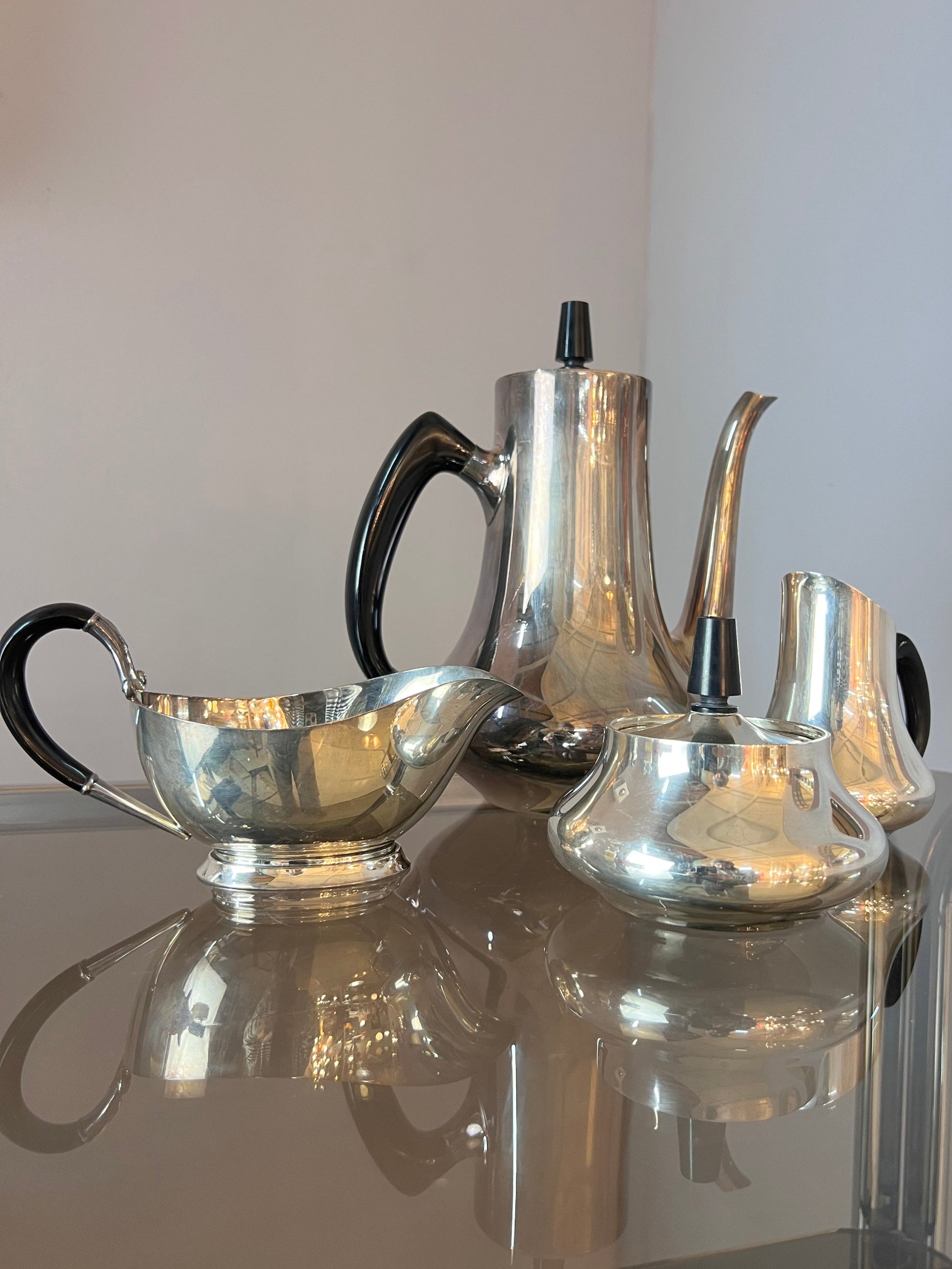 Vintage Kanne Zuckerdose Milchkännchen Sauciere EPNS versilbert von Hans Bunde für COHR Denmark Set