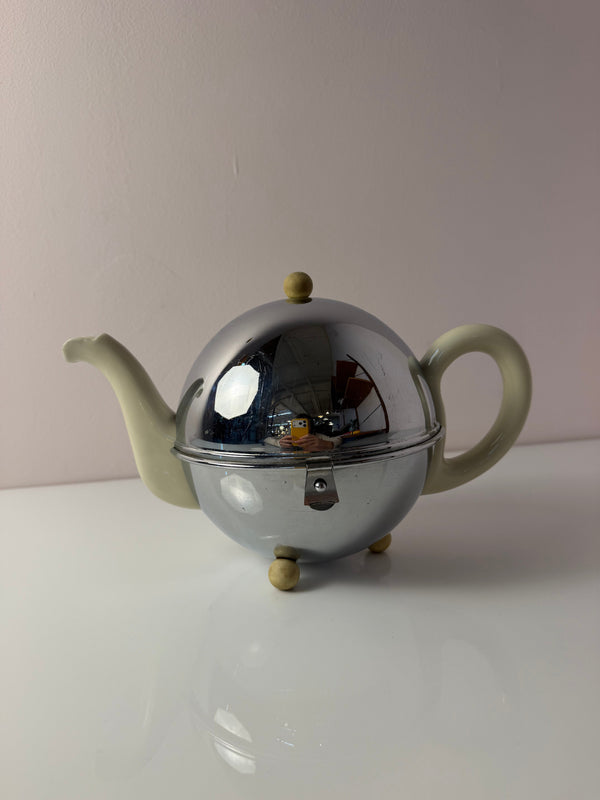 Vintage Teekanne Porzellan mit Chrom Thermohülle von Bauscher D.R.P.