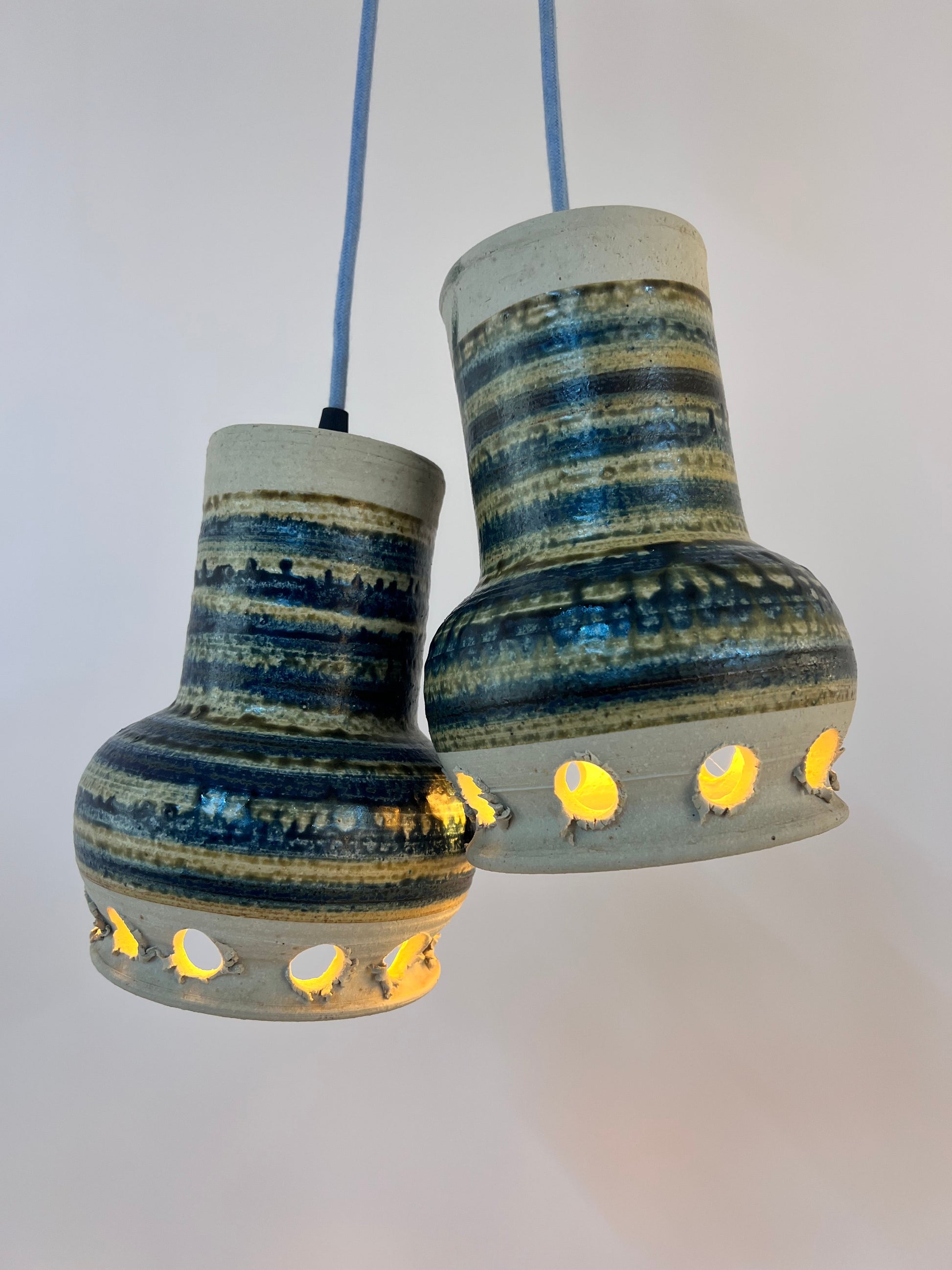 Vintage Hängelampe von Per Engstrøm für Keramik blau beige Keramikschirm