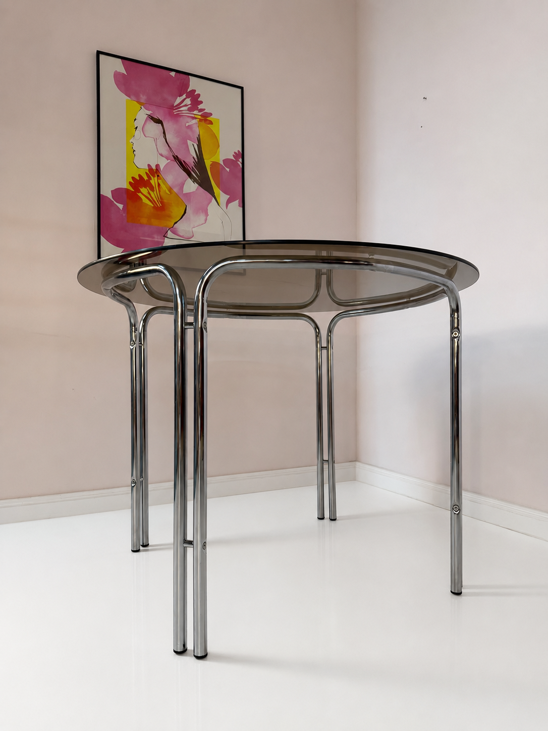 Vintage Esstisch Chrom und Rauchglas, Space Age 70er