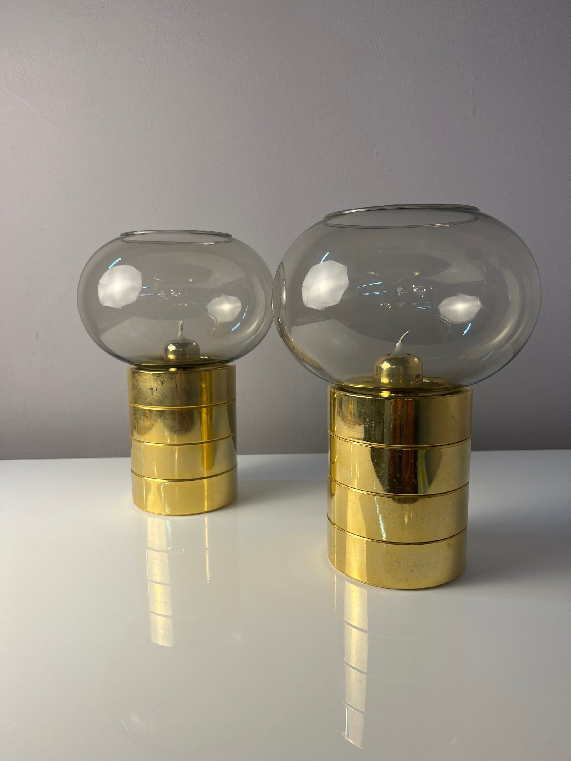 Vintage Kerzenständer von FÖHL für FÖHL Federmechanik Rauchglas Messing