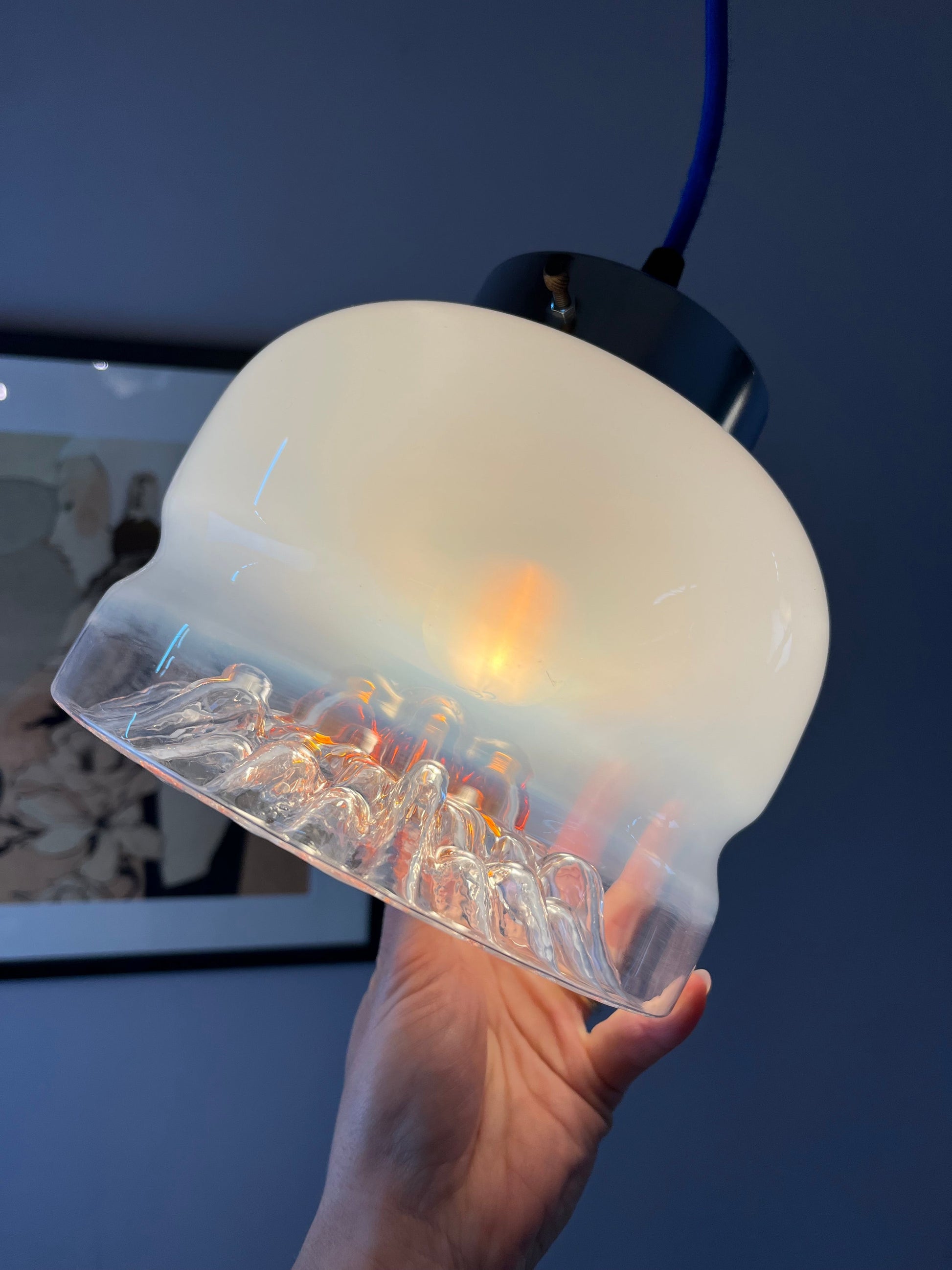 Vintage Hängelampe Muranoglas von Mazzega weiß gelb