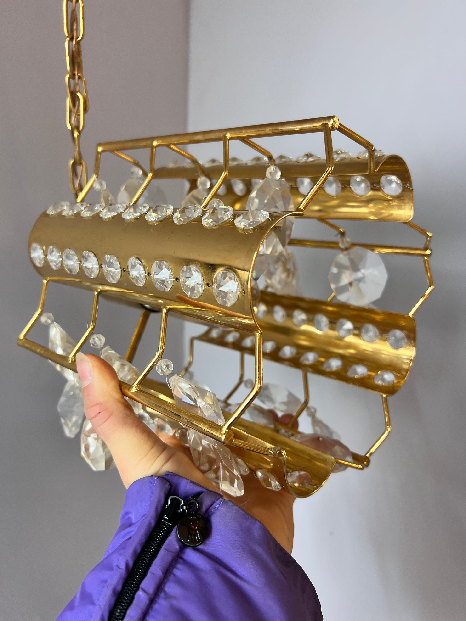 Vintage Hängelampe Messing Kristalle von Palwa