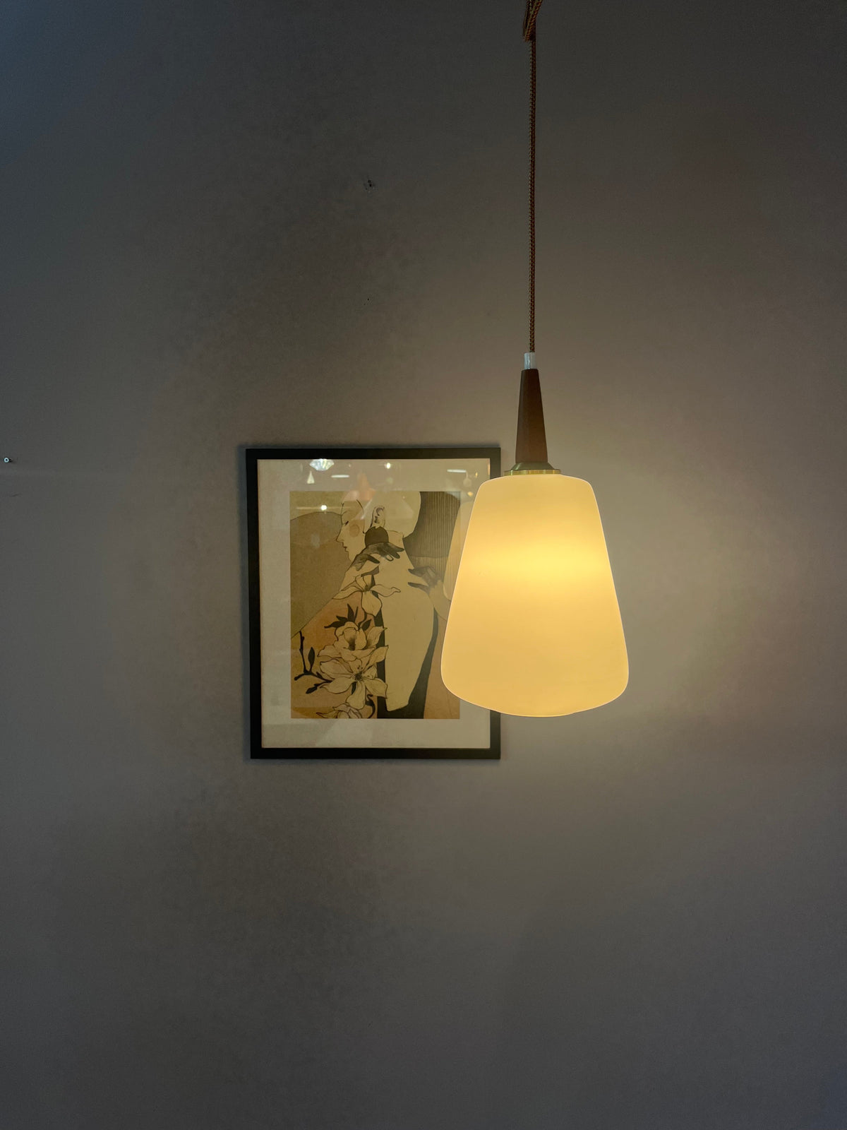 Vintage Hängelampe Opalglas Teak aus Dänemark