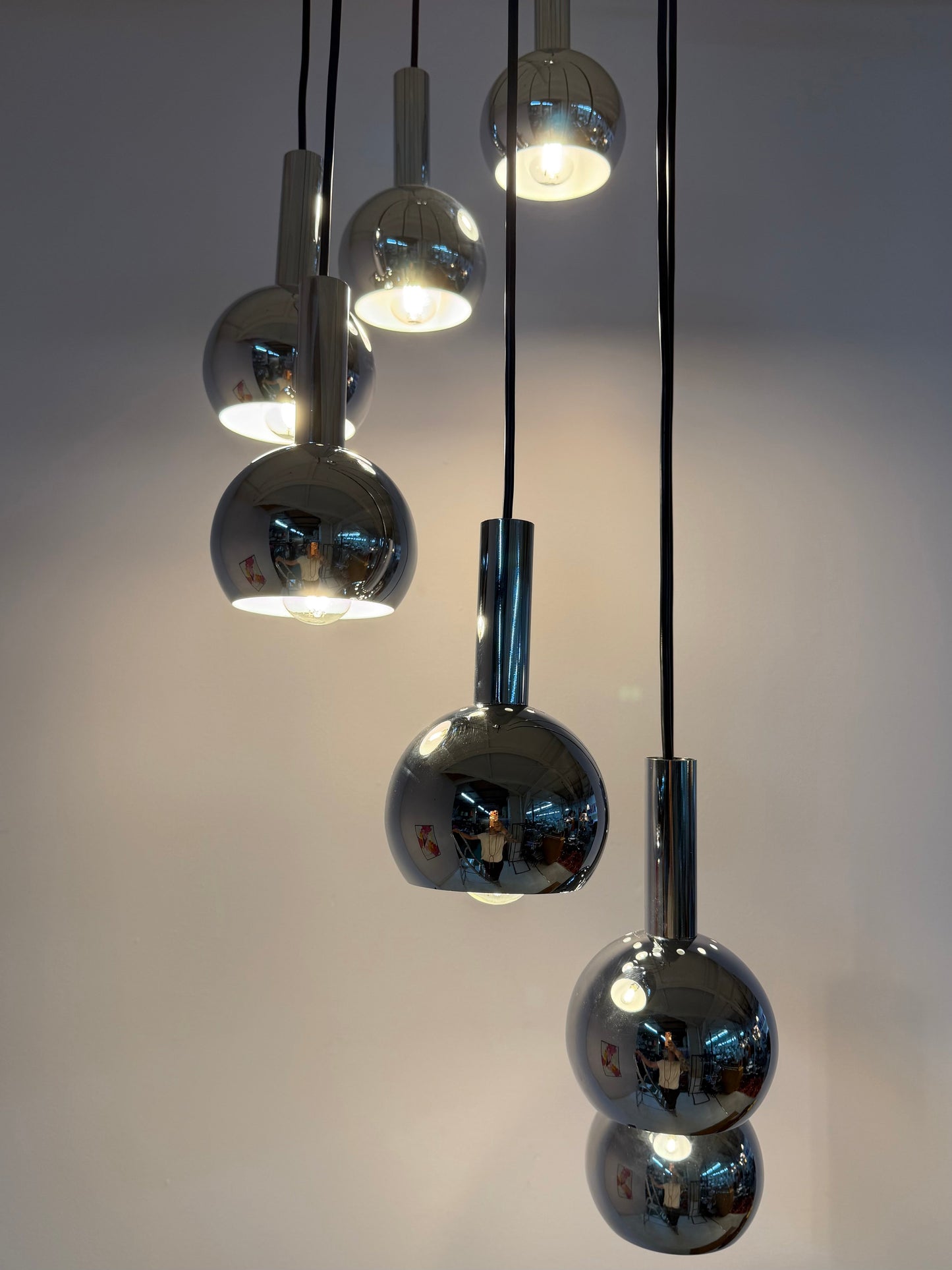 Vintage Kaskadenlampe 7-flammig Chrom von Richard Essig