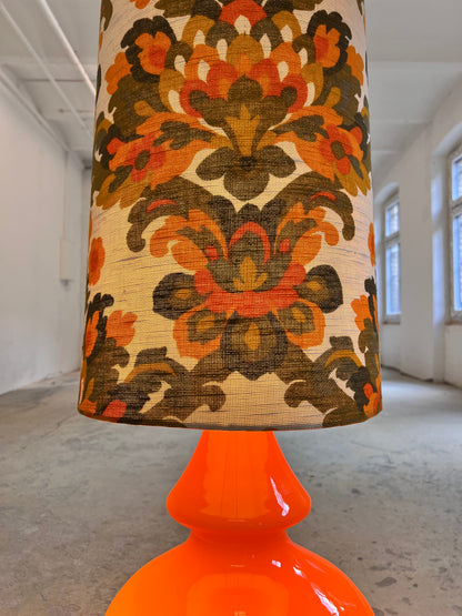 Vintage Stehlampe Flower Power orange Glasfuß beleuchtet 70er Schirm grün senfgelb
