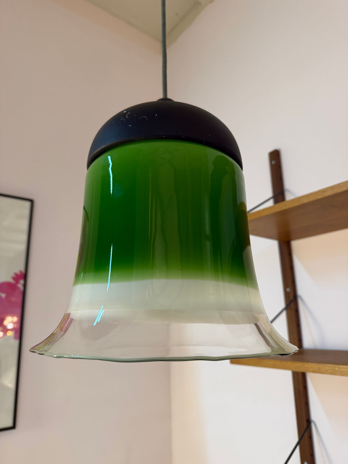 Vintage Hängelampe Glas grün weiß von Peill und Putzler