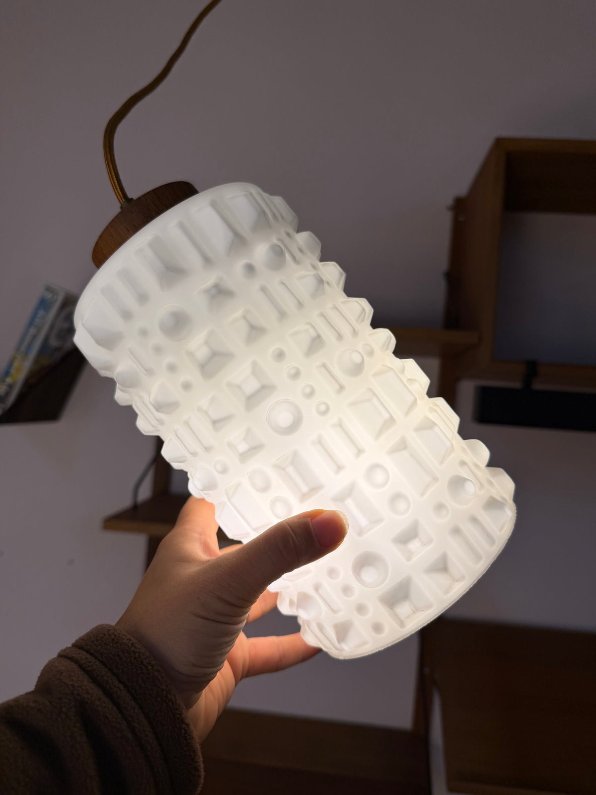 Vintage Hängelampe Strukturglas und Teakholz aus Dänemark