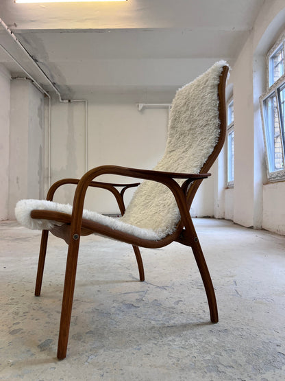 Vintage Sessel Lamino von Yngve Ekström für Swedese Kunstfellbezug beige, braun