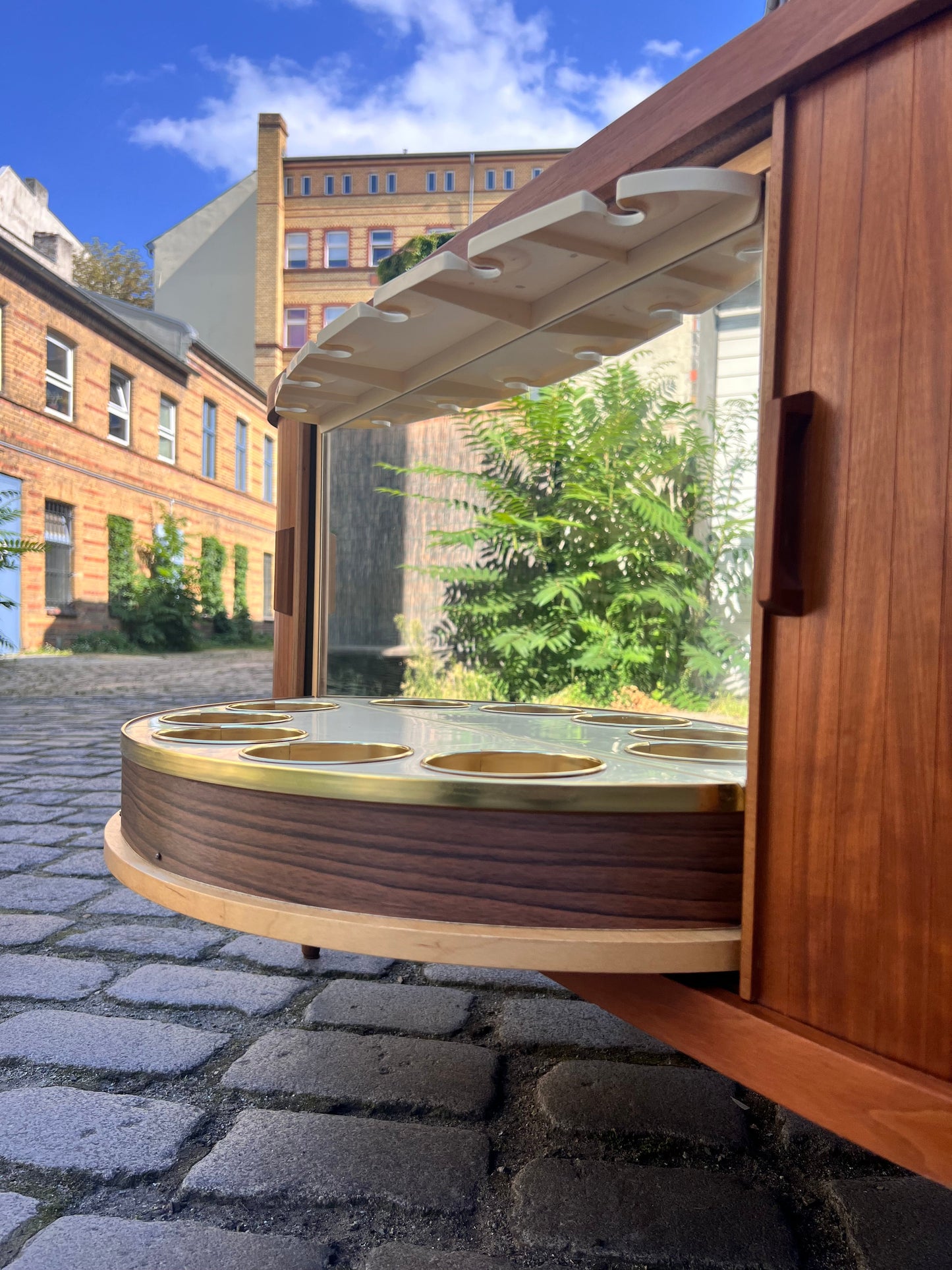 Vintage corner bar walnut with rotating shelf