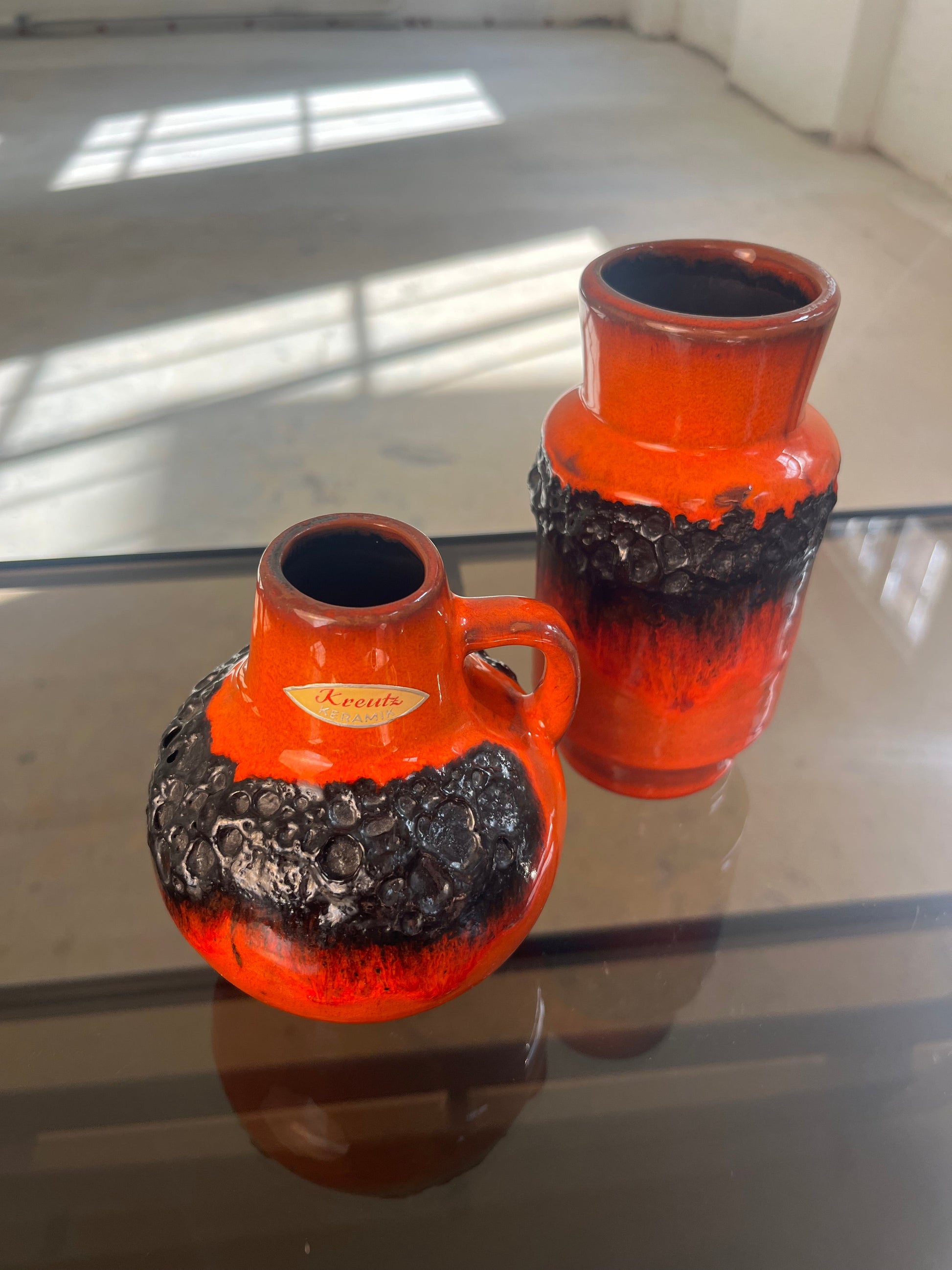 Vintage Vase Set von 2 Fat Lava von Kreutz Keramik orange schwarz