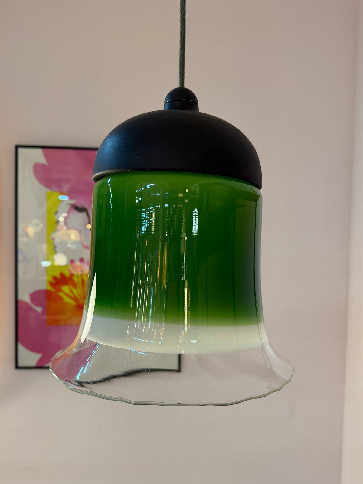Vintage Hängelampe Glas grün weiß von Peill und Putzler