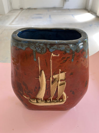 Vintage vase ship brown ceramic Denmark