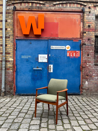 Vintage Sessel von Grete Jalk für Glostrup Møbelfabrik, neu gepolstert, grün, Teak