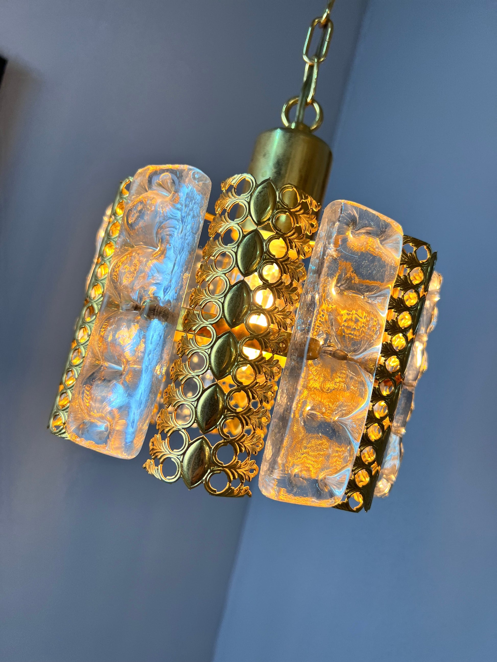 Vintage Hängelampe Glas Messing von Carl Fagerlund für Orrefors