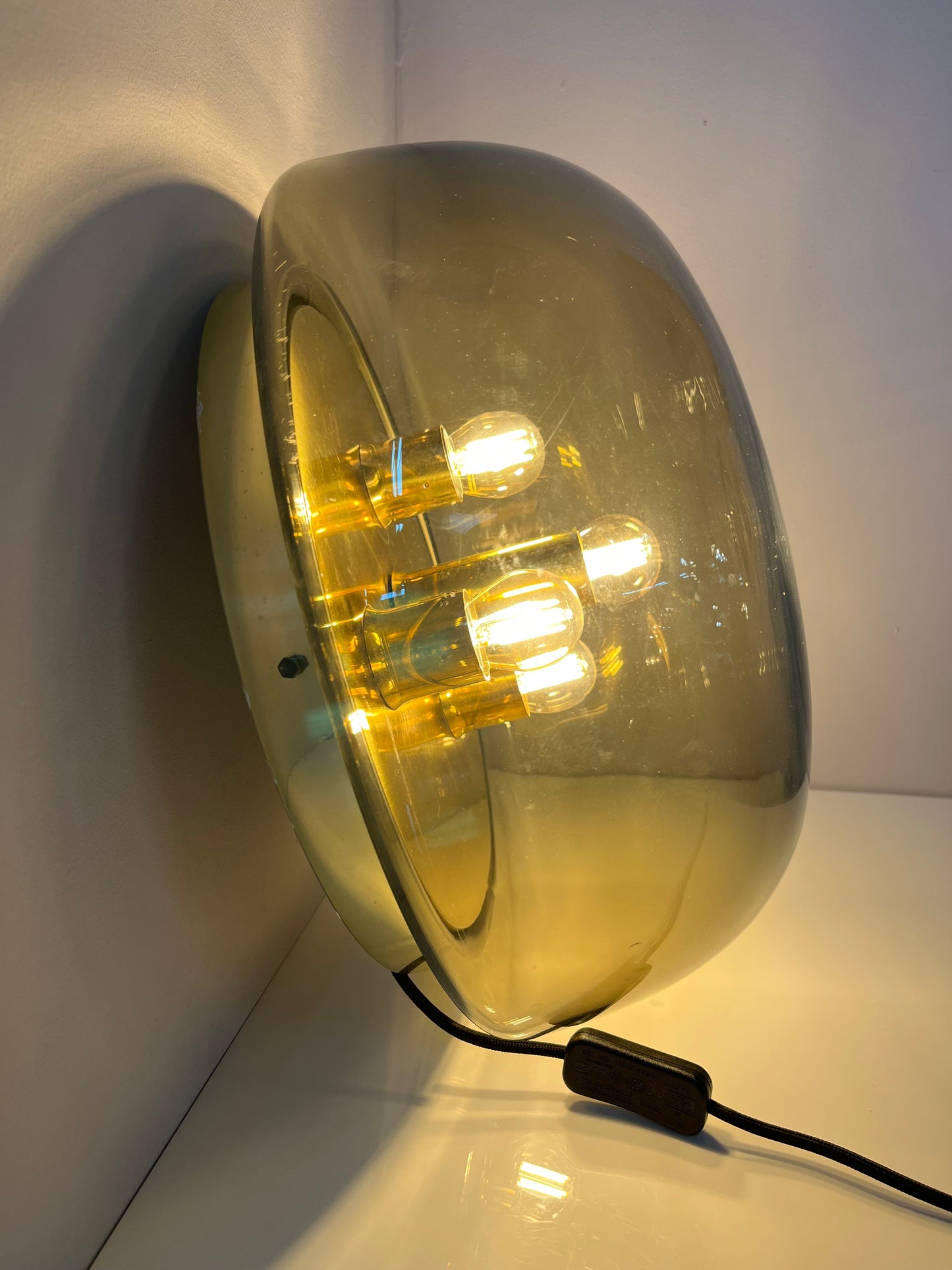 Vintage Wand- und Deckenlampe von Kaiser Leuchten Messing Rauchglas