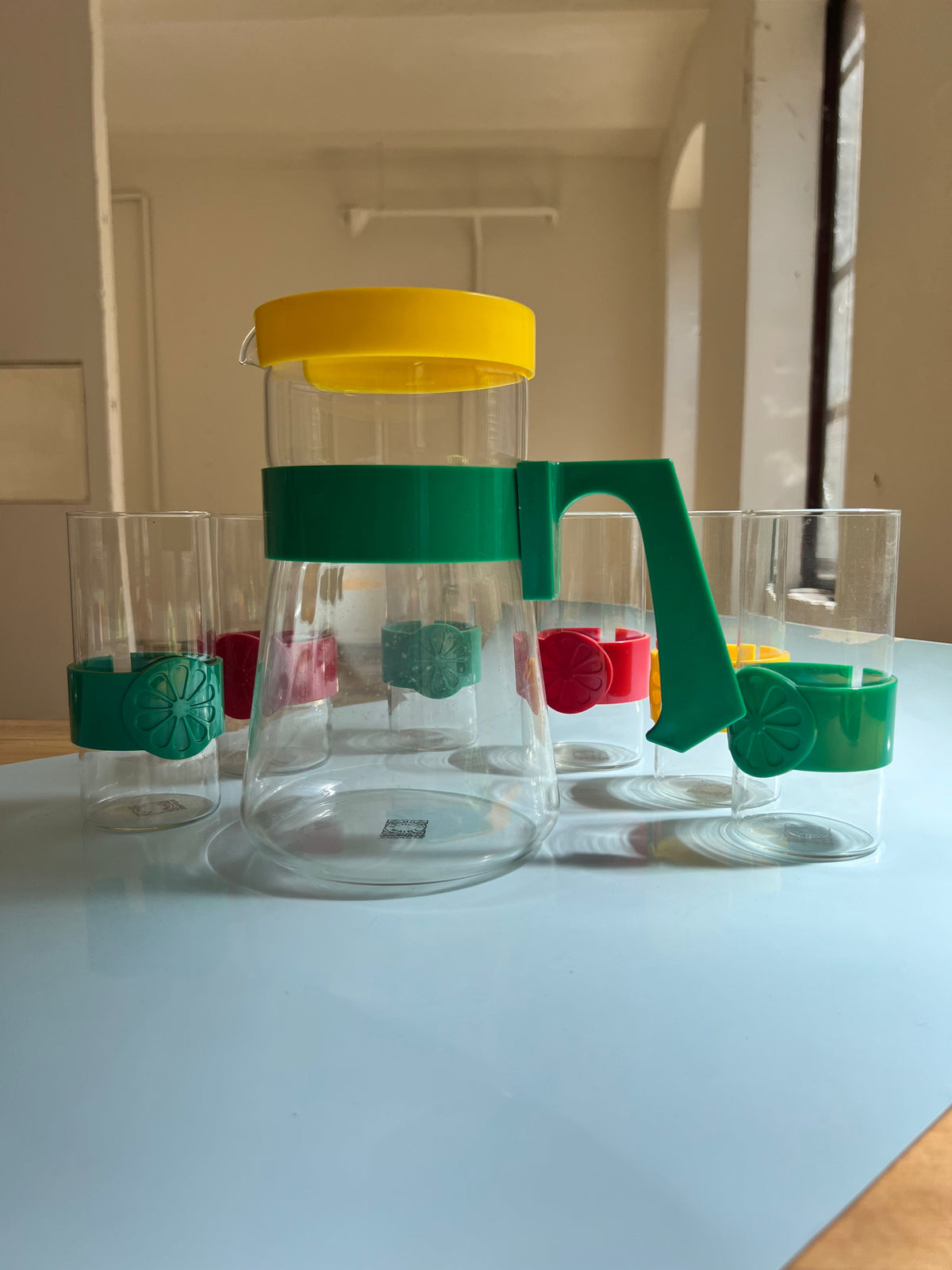Carafe et verre vintage Schott Jena années 70, lot de 6