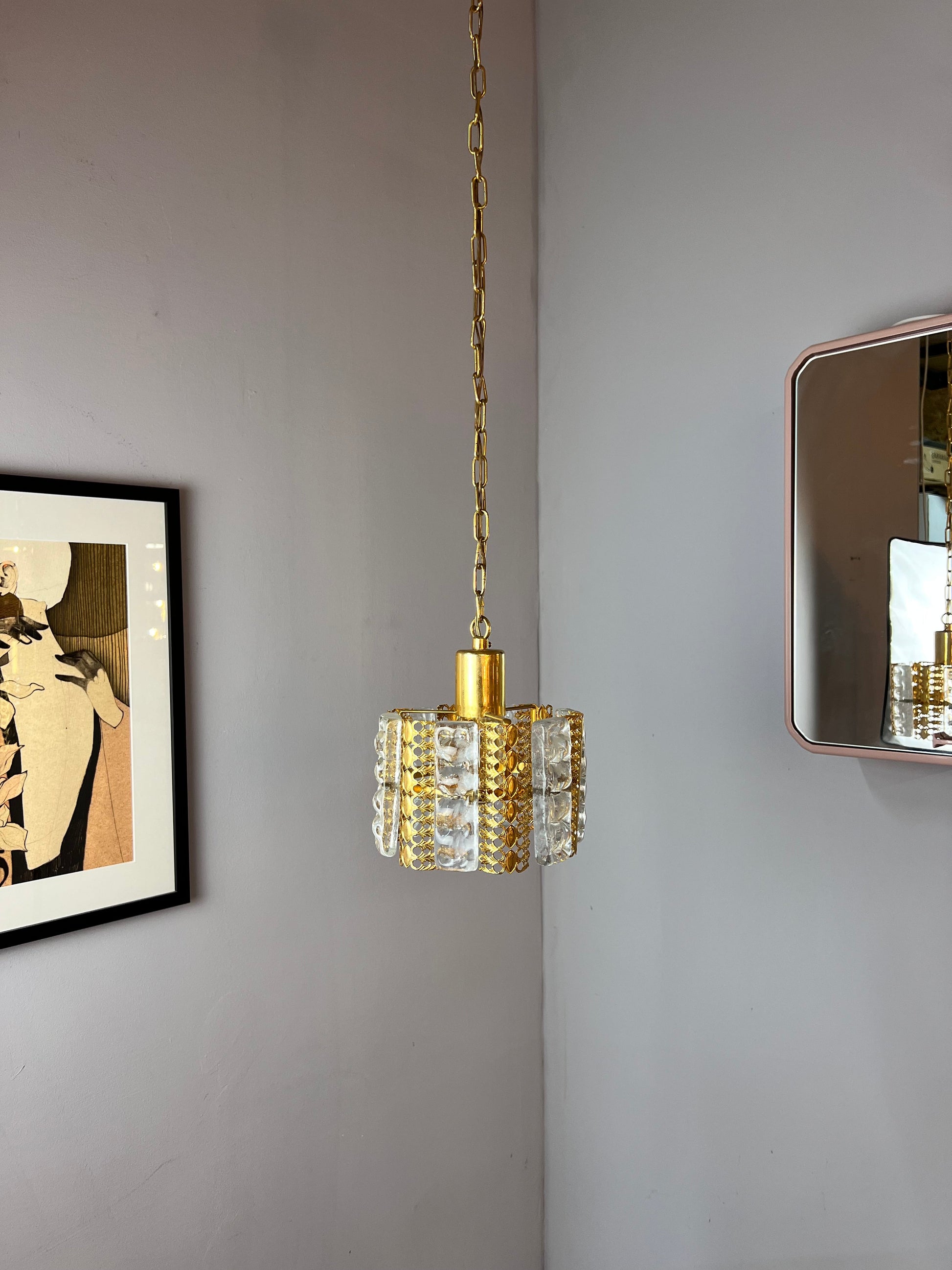 Vintage Hängelampe Glas Messing von Carl Fagerlund für Orrefors