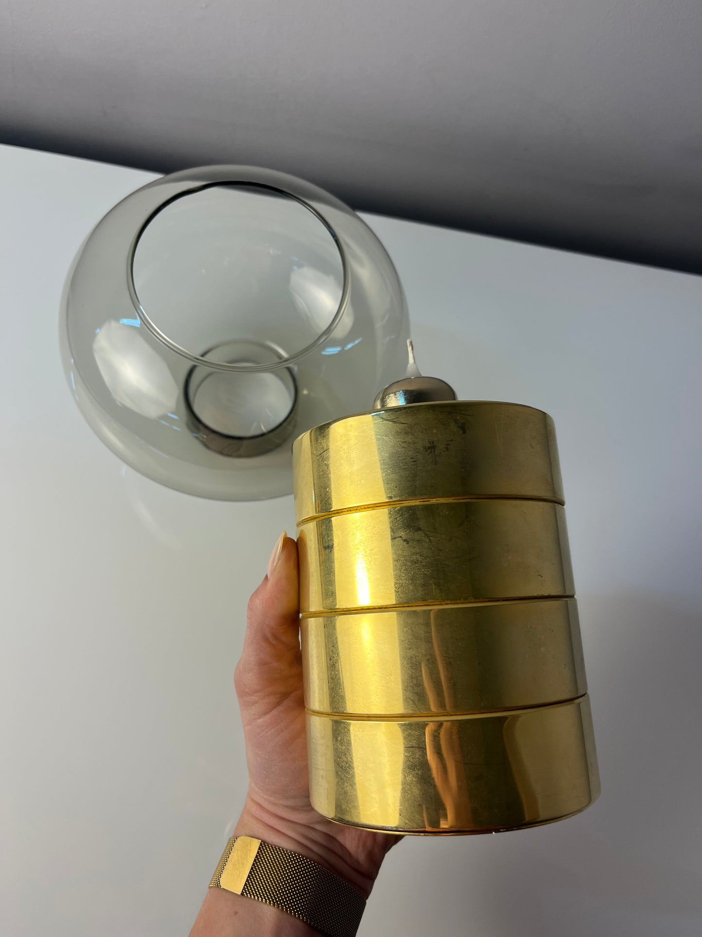 Vintage Kerzenständer von FÖHL für FÖHL Federmechanik Rauchglas Messing