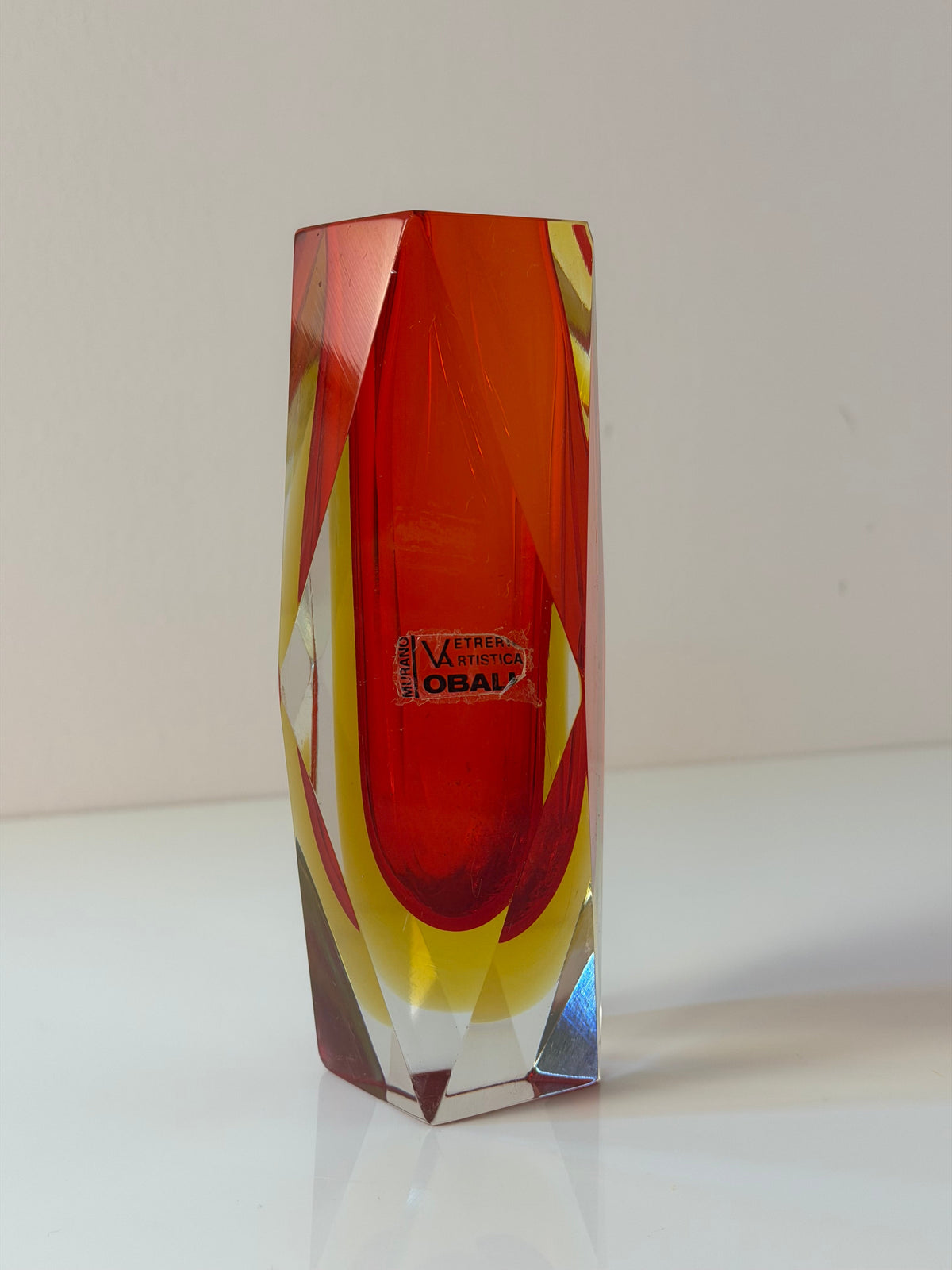 Vintage Blockvase von Vetreria Artistica Oball, Sommerso Murano-Glas rot-gelb