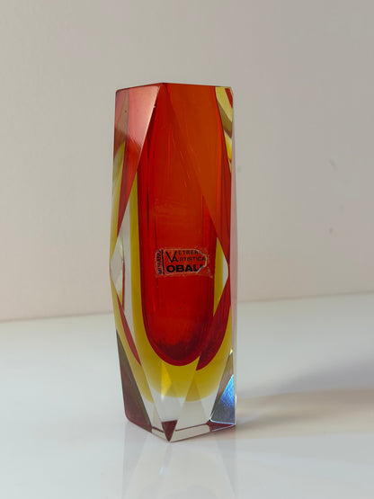 Vintage Blockvase von Vetreria Artistica Oball, Sommerso Murano-Glas rot-gelb