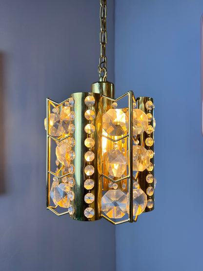 Vintage Hängelampe Messing Kristalle von Palwa