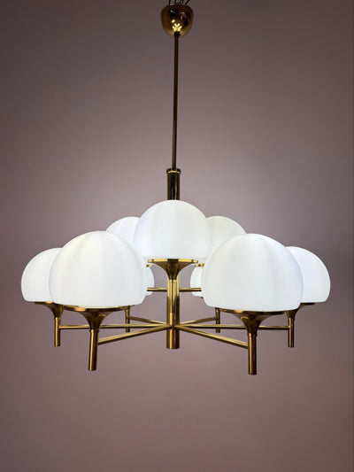 Chandelier "Type 2645" Brass and Opal Glass by Fischer Leuchten