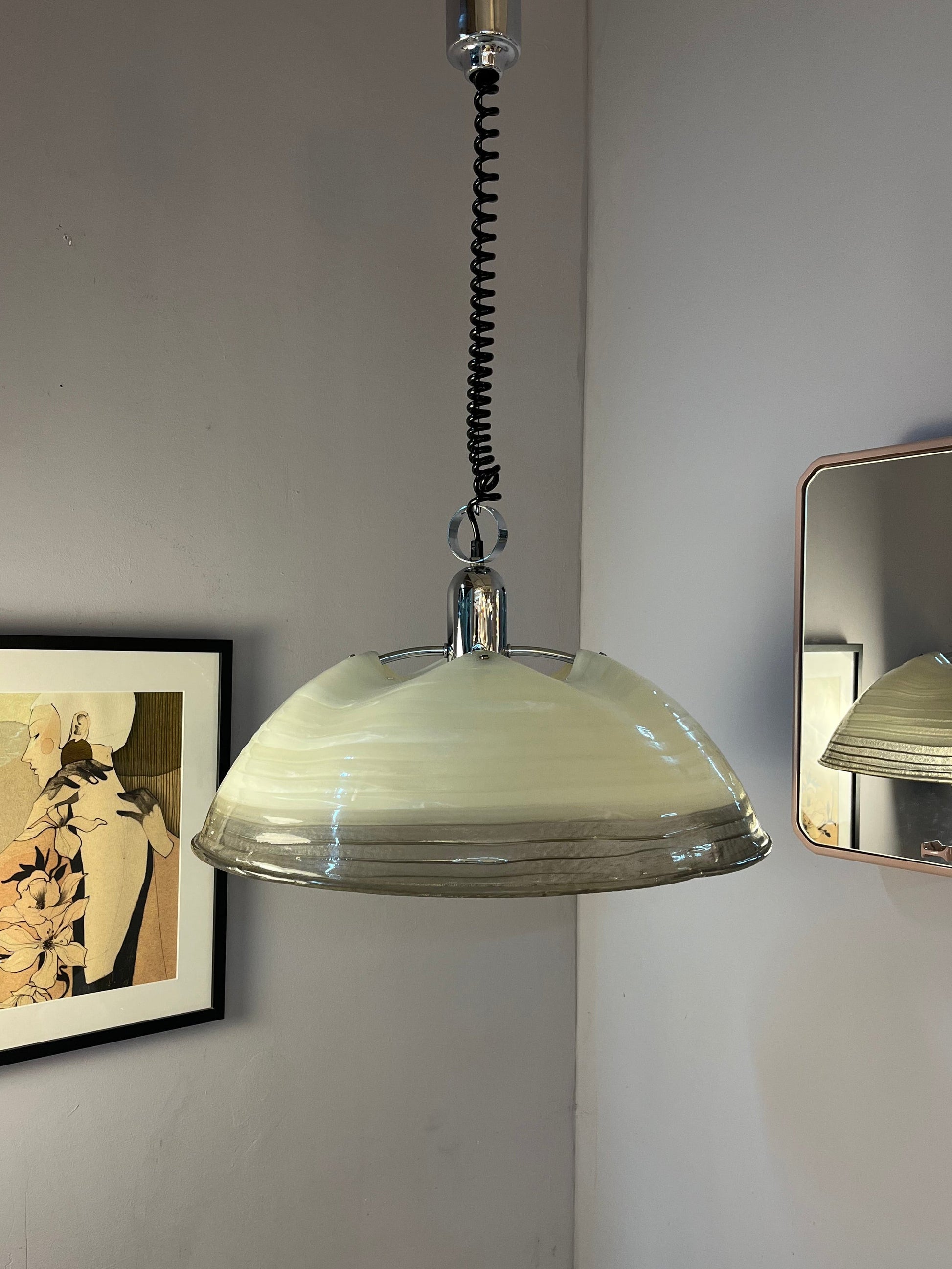 Vintage Hängelampe von Cristallux weiß grau Chrom handgearbeitet