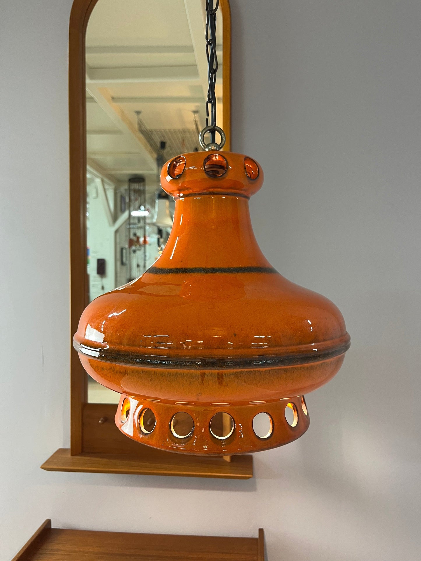 Lampe vintage en céramique orange avec chaîne d'Allemagne de l'Ouest