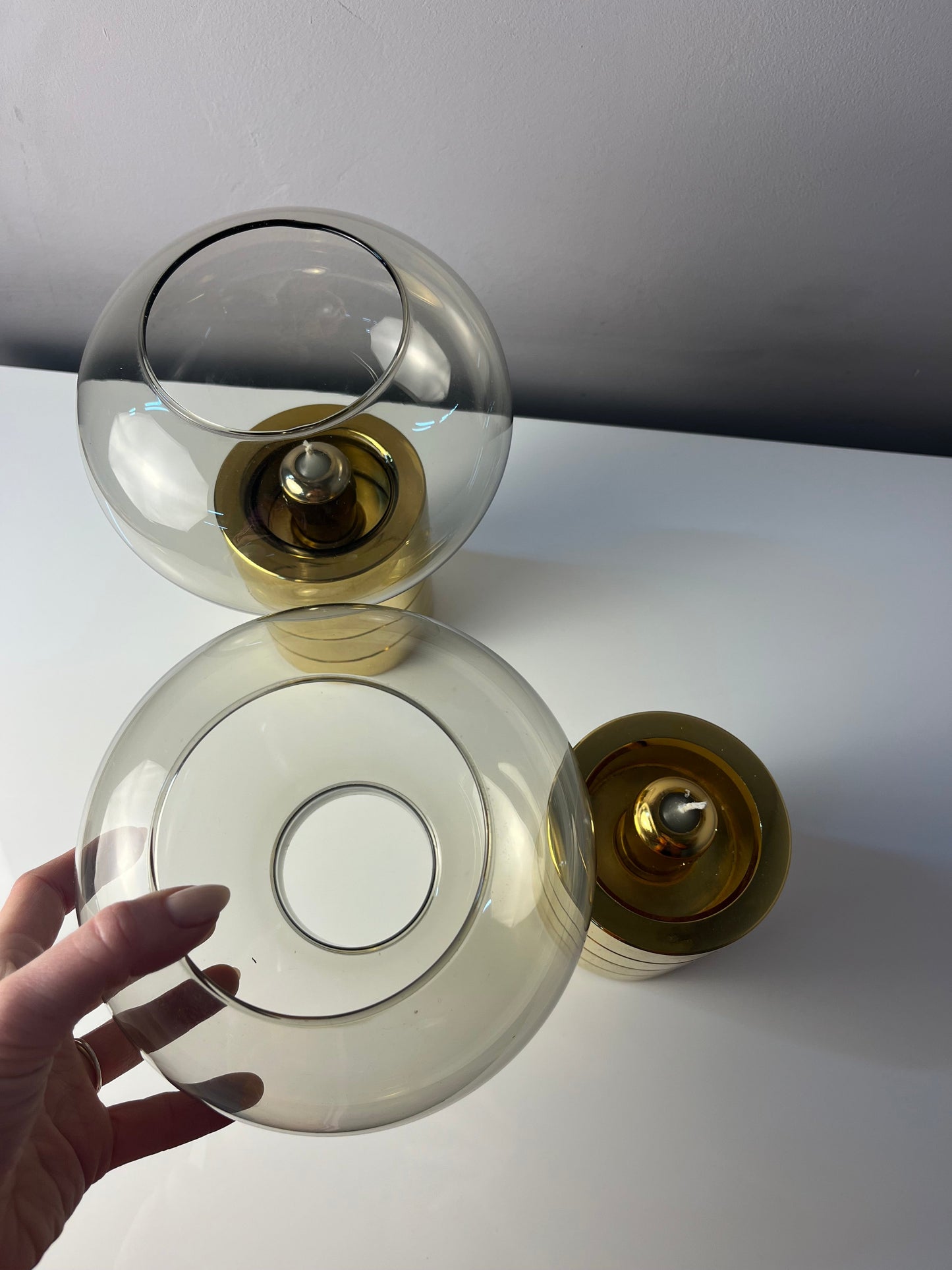 Vintage Kerzenständer von FÖHL für FÖHL Federmechanik Rauchglas Messing