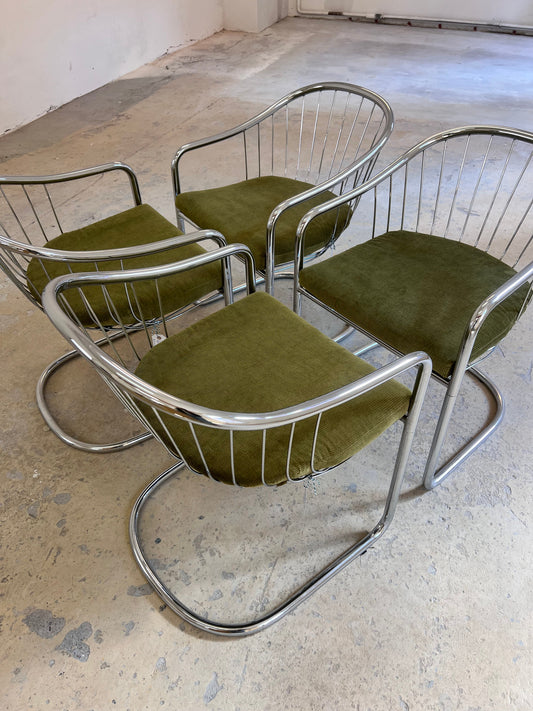 Vintage Freischwinger von Gastone Rinaldi für Rinaldi Chrom grün silber Sitzkissen Cord
