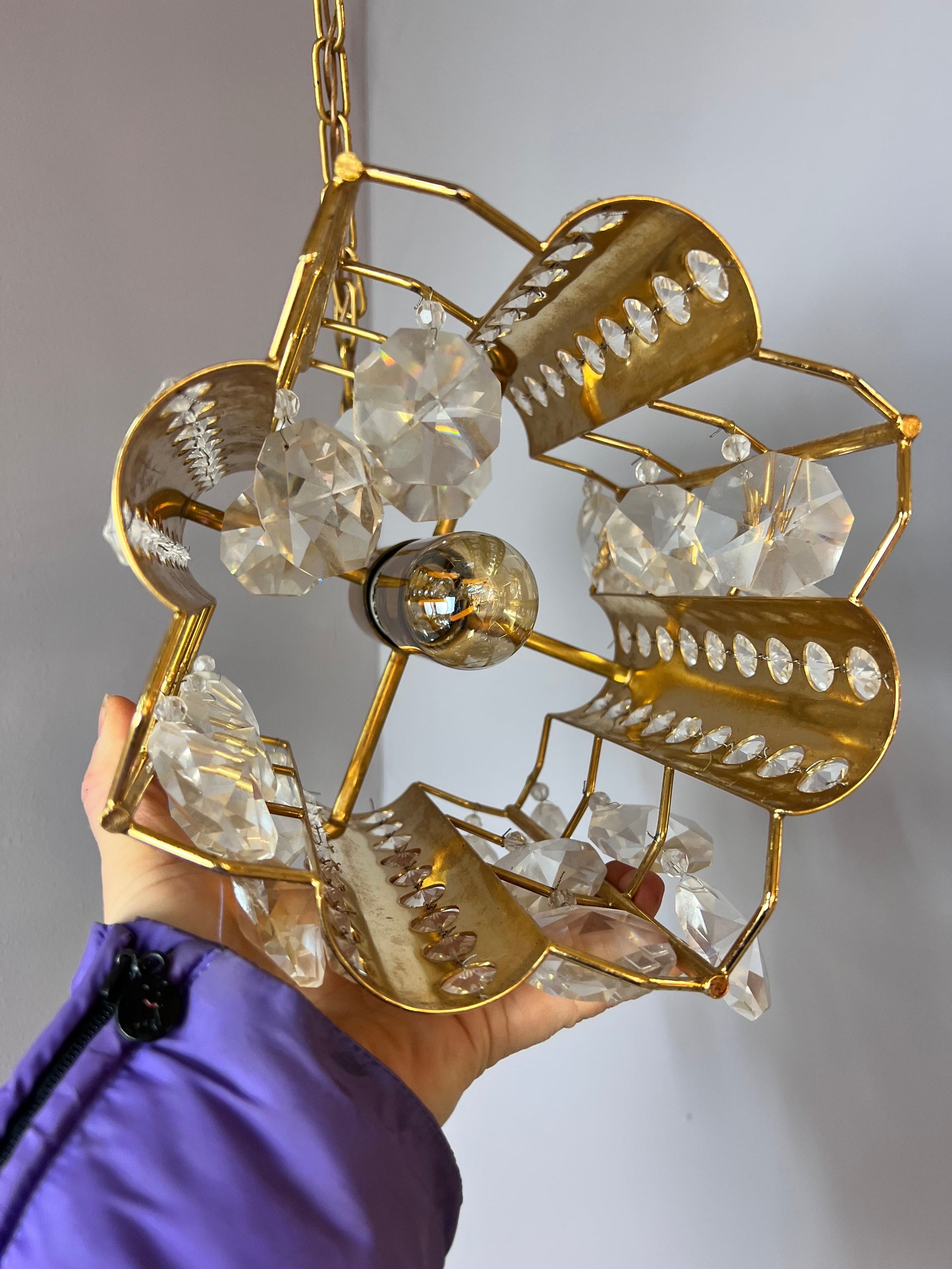 Vintage Hängelampe Messing Kristalle von Palwa