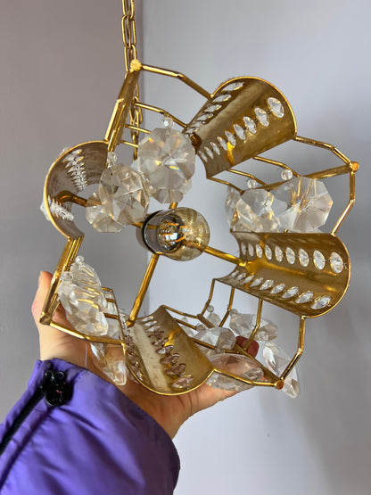 Vintage Hängelampe Messing Kristalle von Palwa